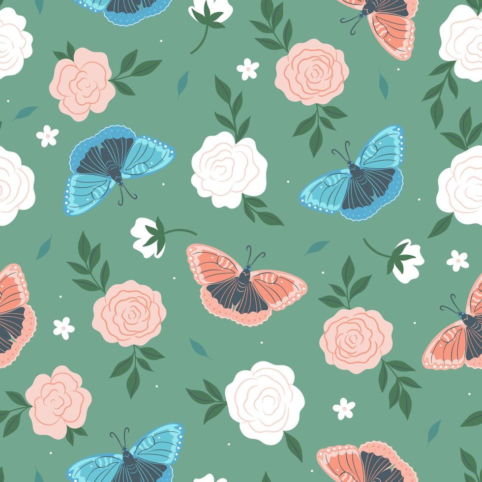 Seamless pattern with butterflies and roses. Vector graphics.