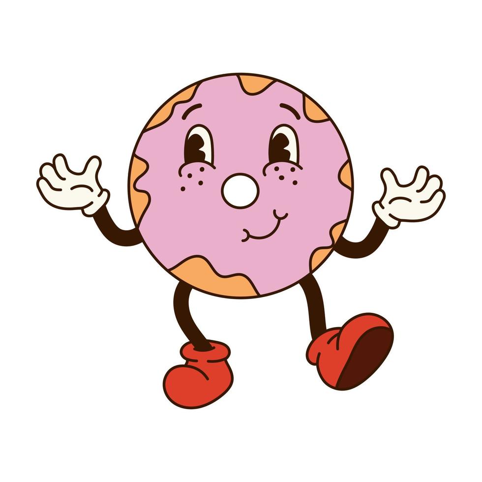 Groovy retro cartoon character. Pink icing donut with eyes and gloved hands. Isolated flat illustration in style 60s 70s vector