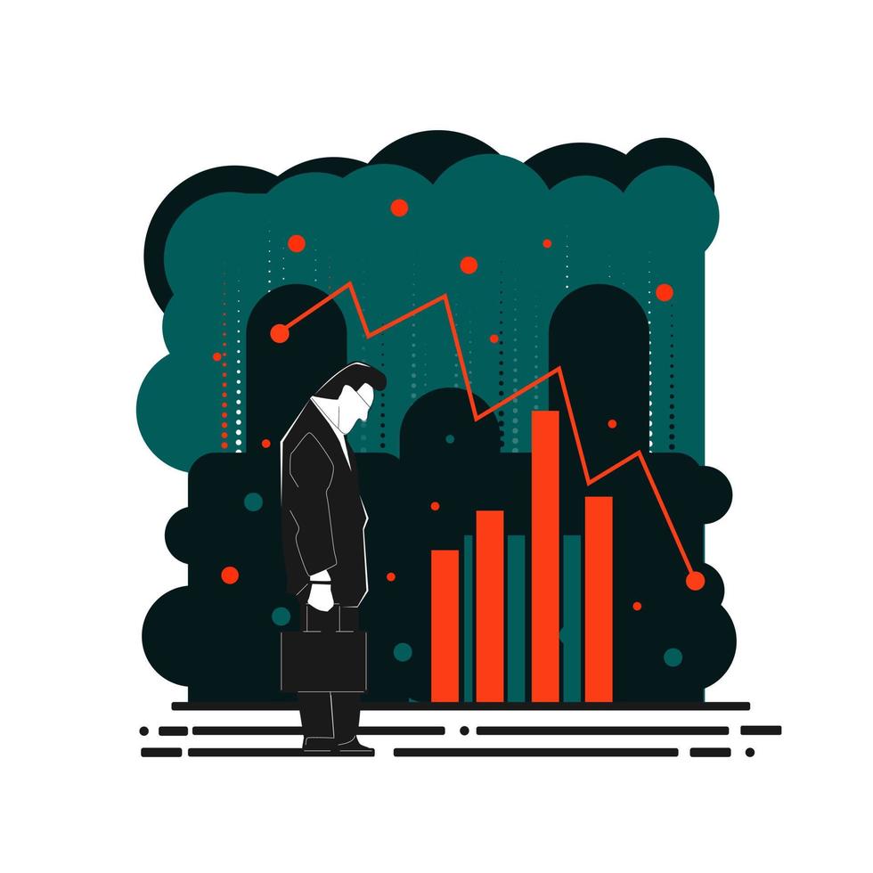 concept of downtrend stock market with a sad businessman chart graph vector. recession concept with downtrend sad businessman down economy. downtrend vector