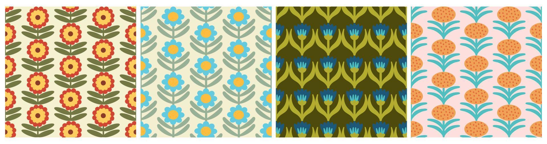 Set of Retro Floral Pattern. 70s Funky Design collection with Geometric Flowers. Groovy Mid Century scandi Seamless vector texture for fabric design, textile print, wrapping, cover