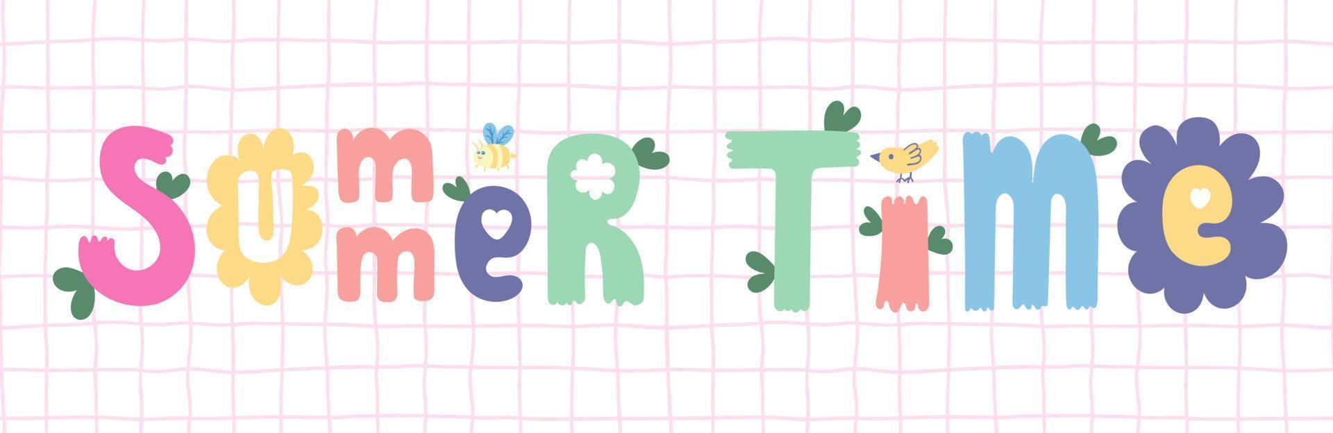 Hello Summer banner design. Season vocation, weekend, holiday poster, card, header for website. Summer Time cartoon vector Lettering text. Colorful holiday background with flowers, leaves, bird, bee