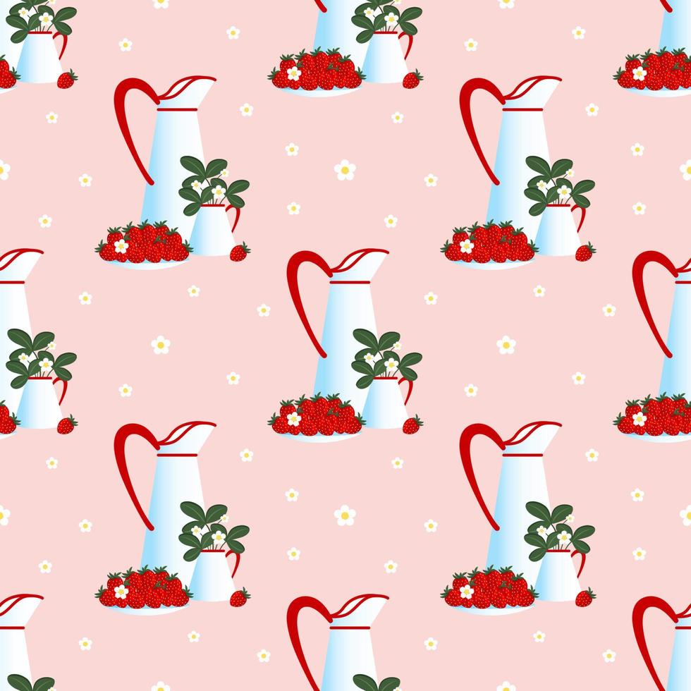 Vector seamless strawberries on a plate, jugs with blossoms and leaves pattern on pink background, fruit design.