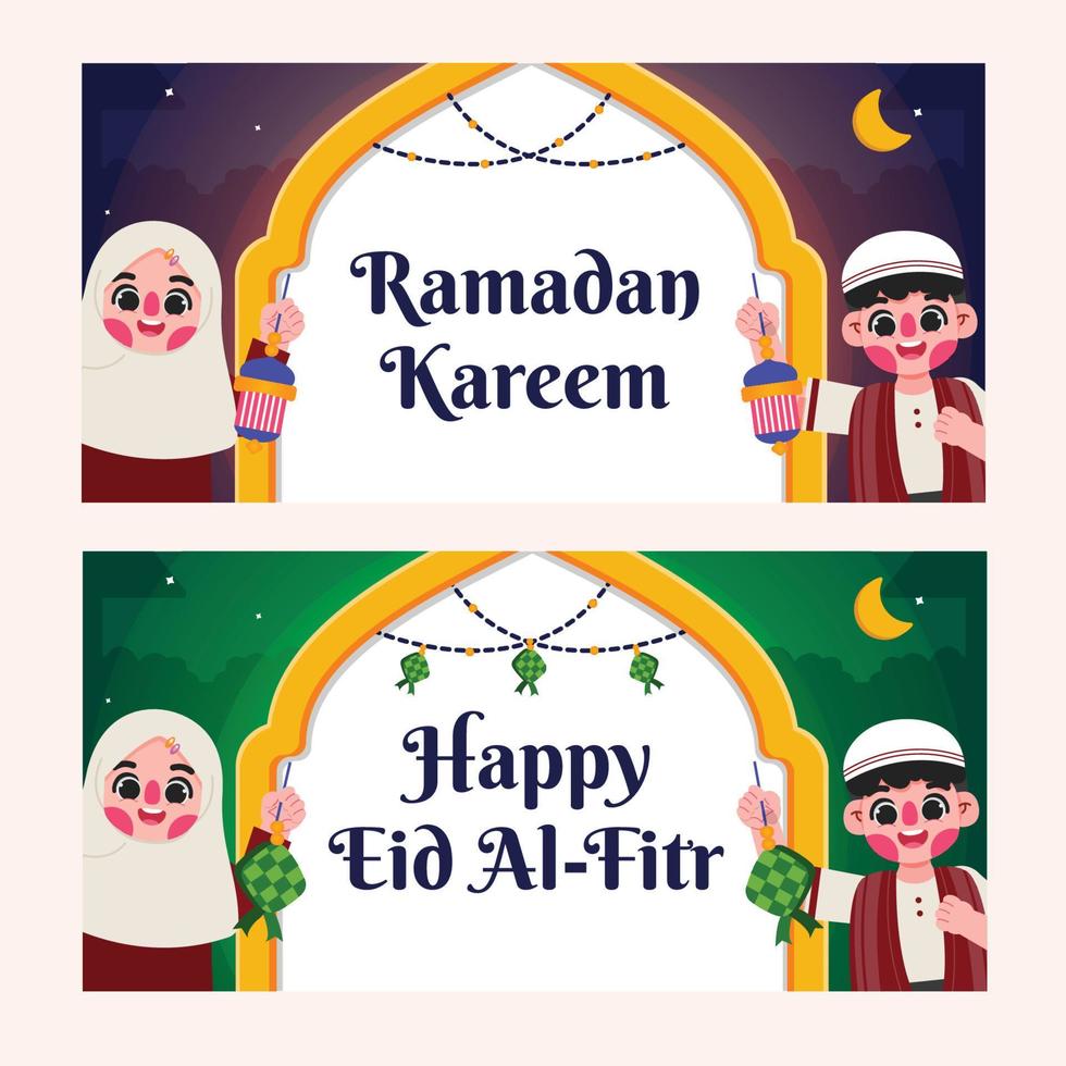 Flat ramadan and eid al-fitr celebration banner template vector