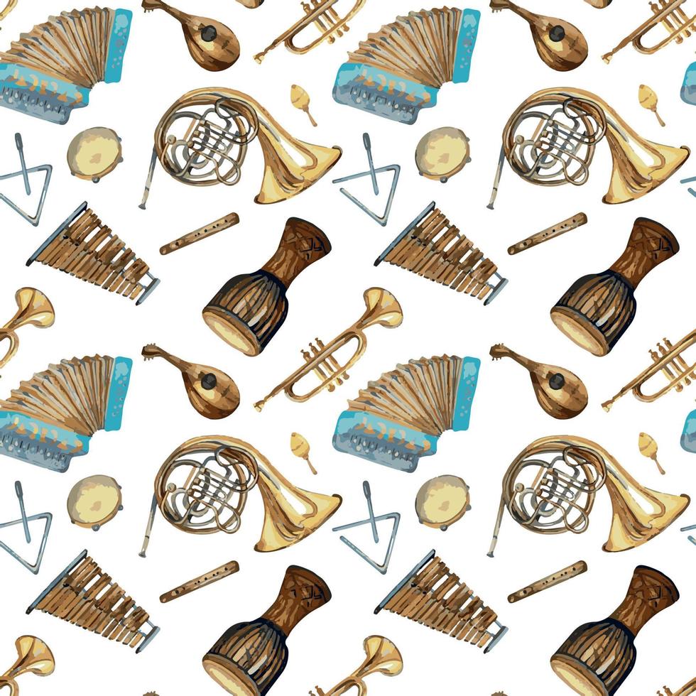 Musical instruments seamless pattern watercolor isolated on white. vector