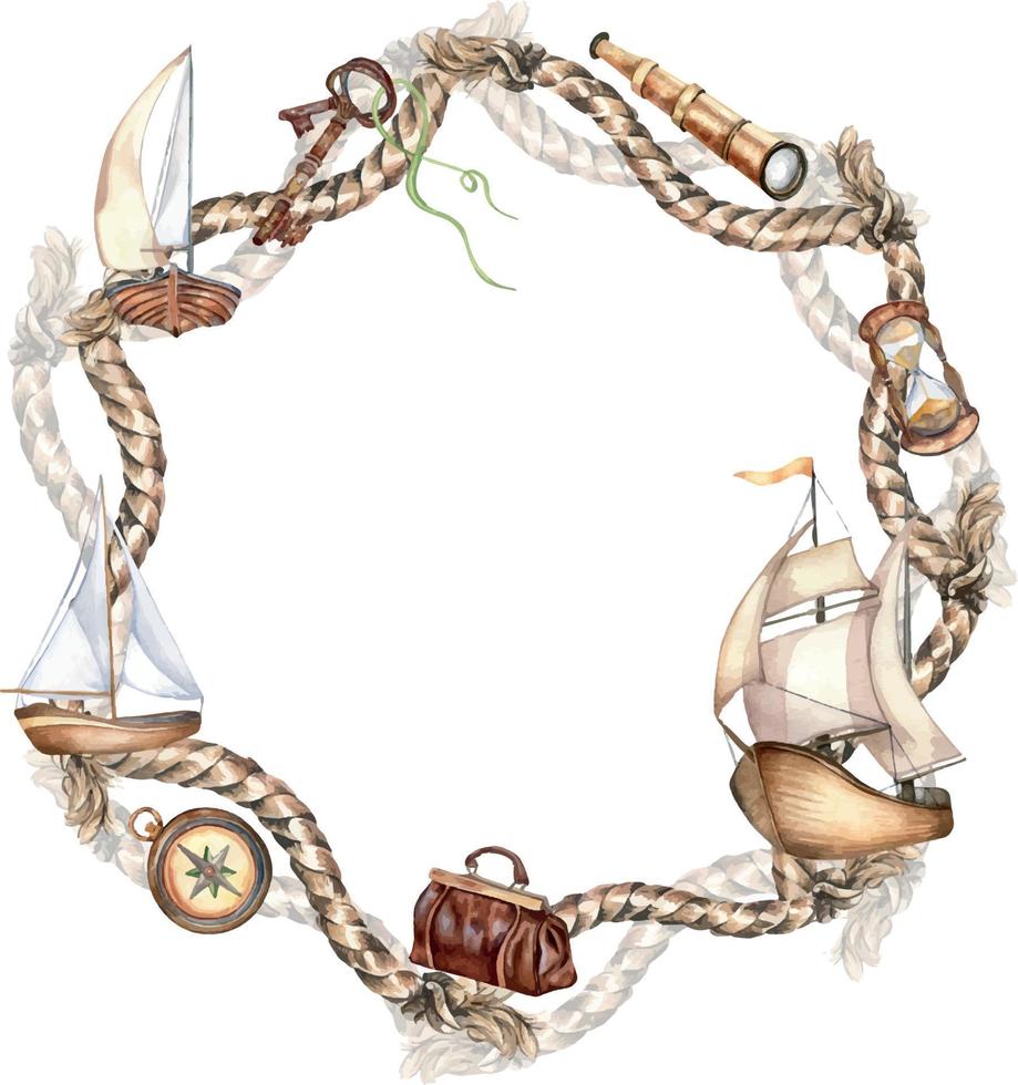 Circle frame of ship rope, sailboats watercolor illustration isolated on white. Lasso, ship, spyglass, carpetbag, compass hand drawn. Design element for boy, adventure collection, nautical style vector
