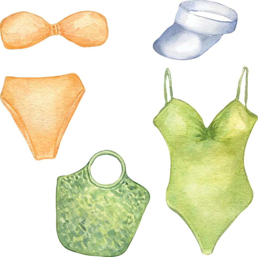 Set of woman's beachwear watercolor illustration isolated on white. Summer style of swimsuits, bikini, cap and bag hand drawn. Design for shop, sale, magazine, packaging, showcase, pattern vector