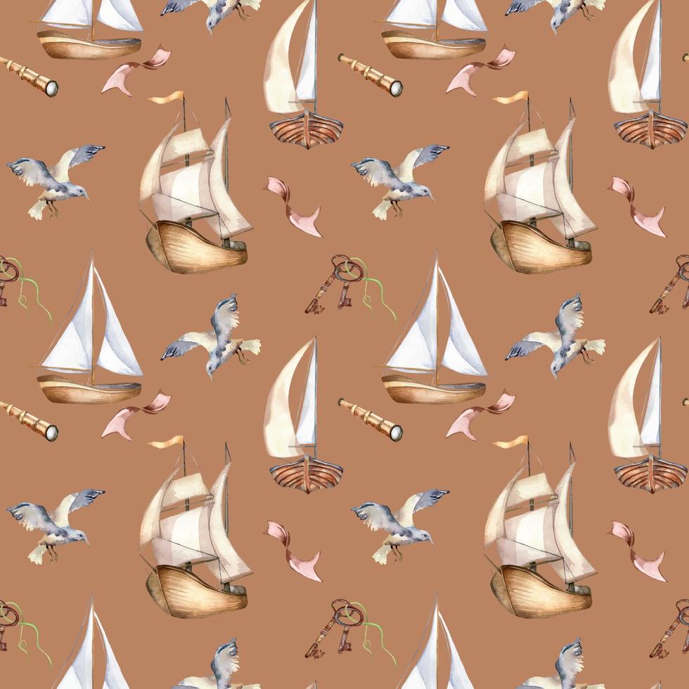 Seamless pattern of sailing boats vintage style watercolor illustration isolated on brown. Ship, bird, rusty key hand drawn. Childish design, boy's print, background, textile, wallpaper, packaging vector