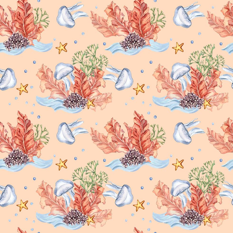 Seamless pattern of colorful sea plants watercolor illustration isolated on pink. Red porphyria, , purple coral, jellyfish hand drawn. Design for package, wallpaper, wrapping, textile, background vector