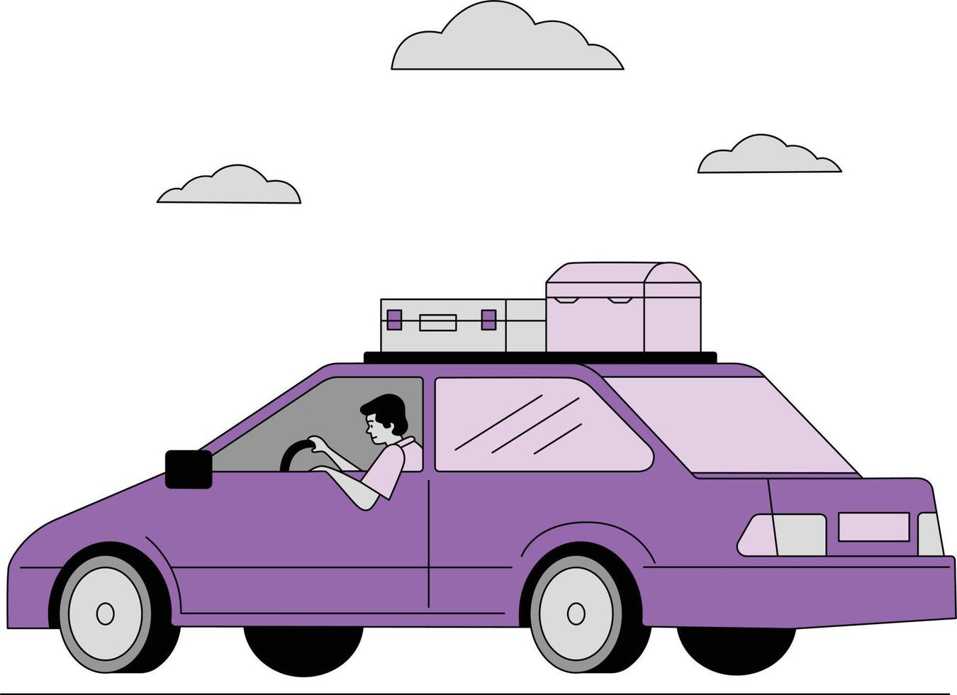 coche en el la carretera . ilustración de un hombre con maletas en el techo de un púrpura coche vector