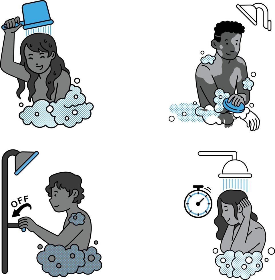Black man and woman washing their hands in the shower. Set of vector illustrations.