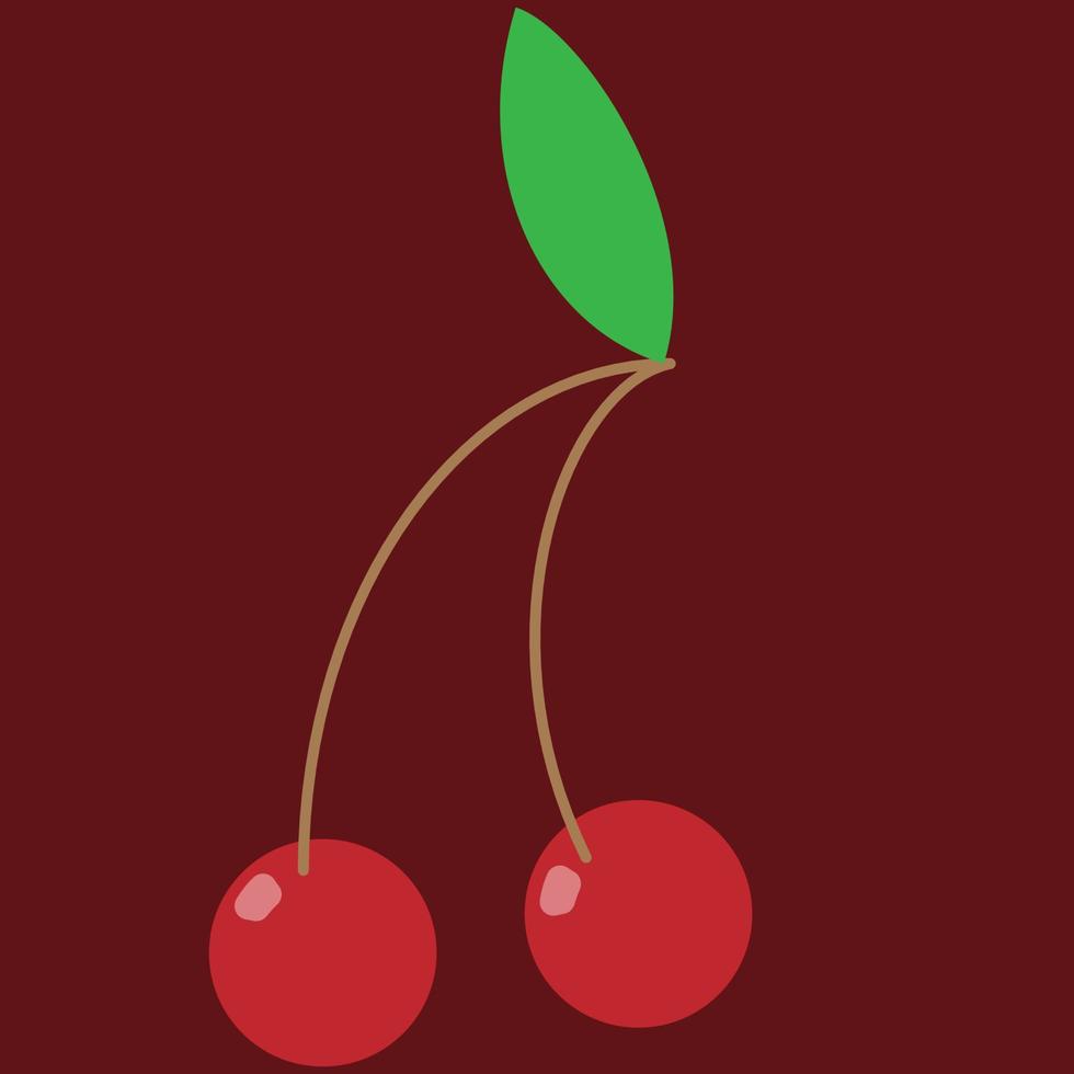 cereza, dos cerezas con un hoja, rojo cereza, rojo y verde y marrón, Cereza ilustración vector, adecuado para Cereza mermelada pegatina y frutas tienda firmar y bandera, bueno para verano anuncio vector