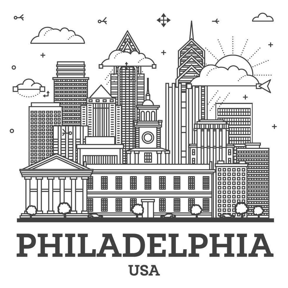 contorno Filadelfia Pensilvania ciudad horizonte con moderno y histórico edificios aislado en blanco. Filadelfia Estados Unidos paisaje urbano con puntos de referencia vector