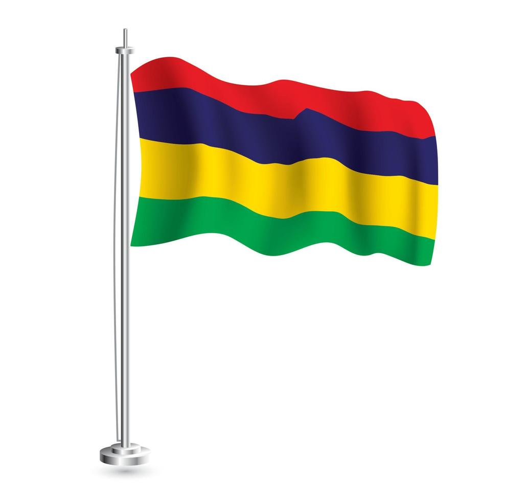 Mauritius Flag. Isolated Realistic Wave Flag of Mauritius Country on Flagpole. vector