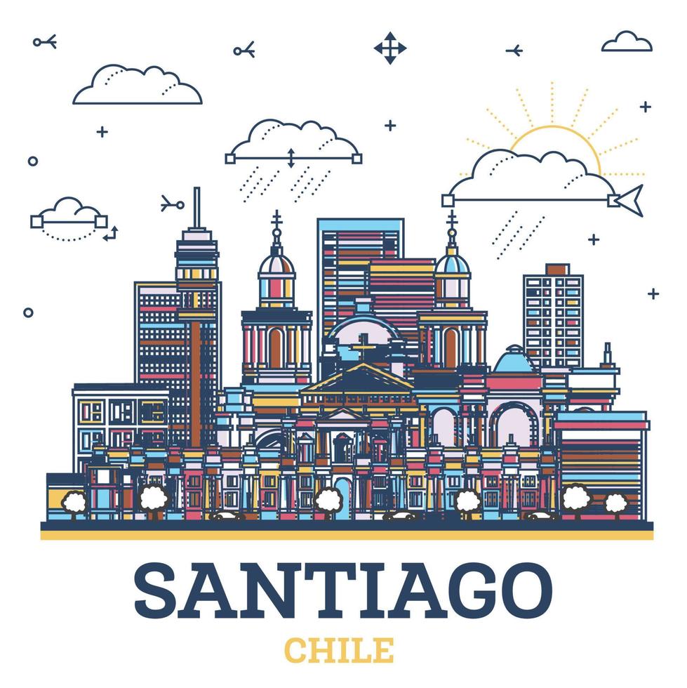 contorno santiago Chile ciudad horizonte con de colores moderno y histórico edificios aislado en blanco. santiago paisaje urbano con puntos de referencia vector