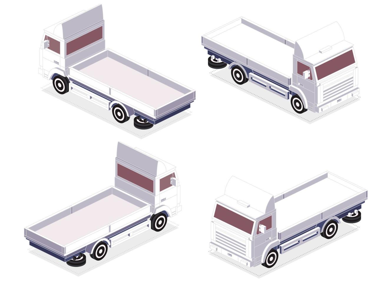 isométrica cama plana carga camión. espalda y frente vista. comercial transporte. logística. vacío coche para carro de bienes. vector