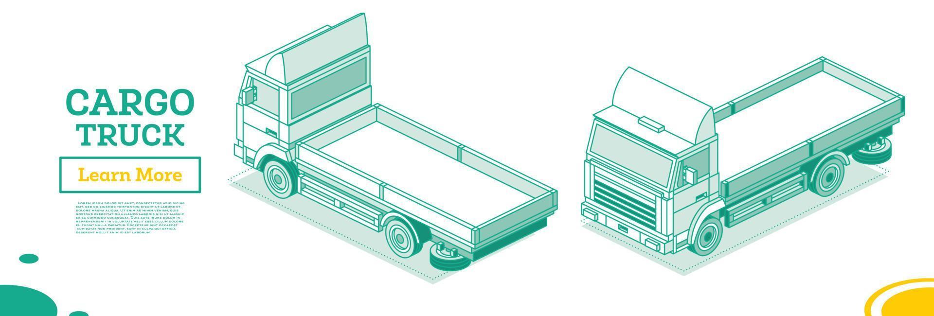 Isometric Flatbed Cargo Truck. Back and Front View. Commercial Transport. Logistics. Outline Objects. Empty Car for Carriage of Goods. vector