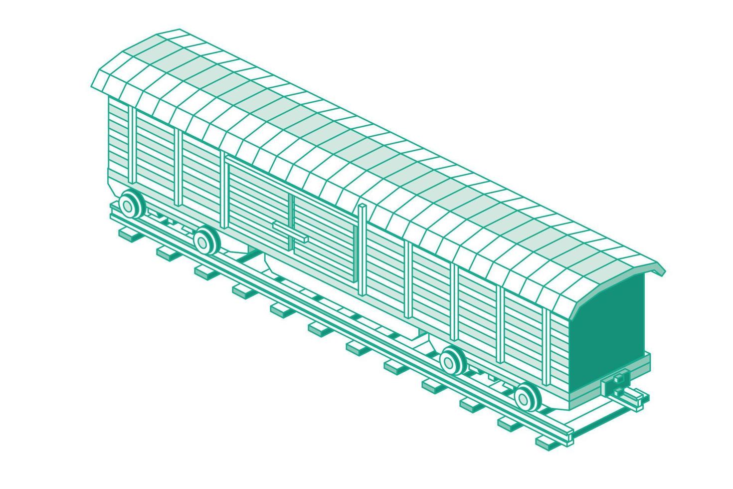 Isometric Freight Railroad Car Isolated on White Background. Freight Boxcar Wagon. Part of Cargo Train. Outline Transportation Object. vector