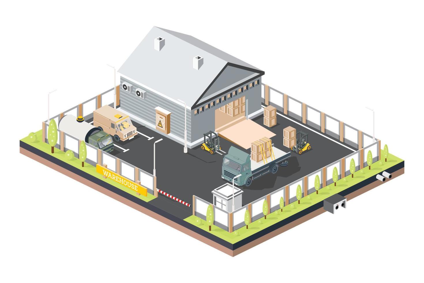 isométrica distribución logístico centro. almacén almacenamiento instalaciones con camiones cargando descarga Terminal. vector