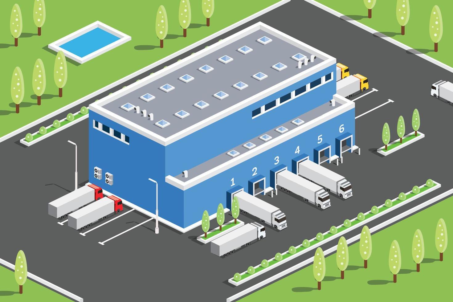 isométrica distribución logístico centro. almacén almacenamiento instalaciones con camiones cargando descarga Terminal. arboles y verde césped. fuego estanque. vector