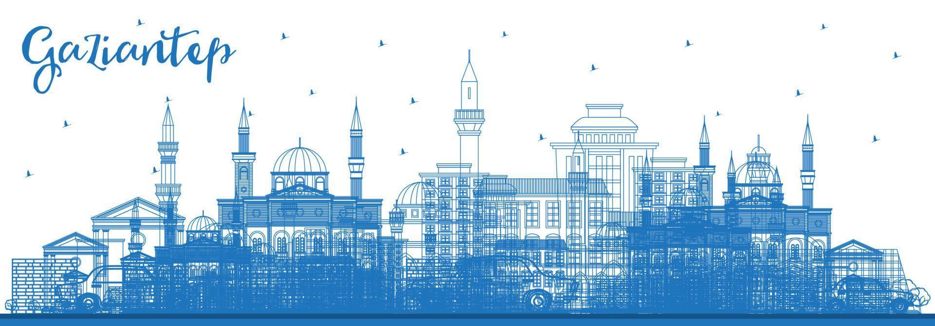 Outline Gaziantep Turkey City Skyline with Blue Buildings. Gaziantep Cityscape with Landmarks. vector
