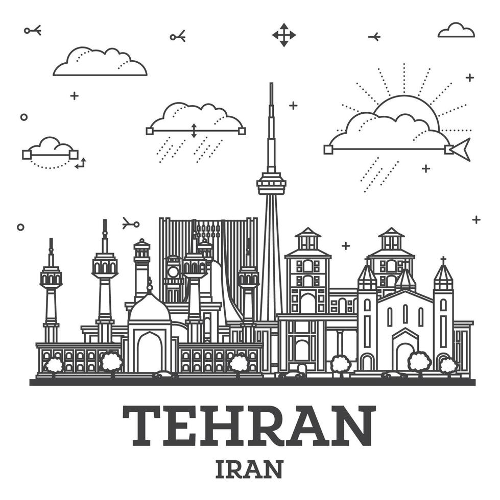 contorno teherán corrí ciudad horizonte con moderno y histórico edificios aislado en blanco. Teherán Persia paisaje urbano con puntos de referencia vector