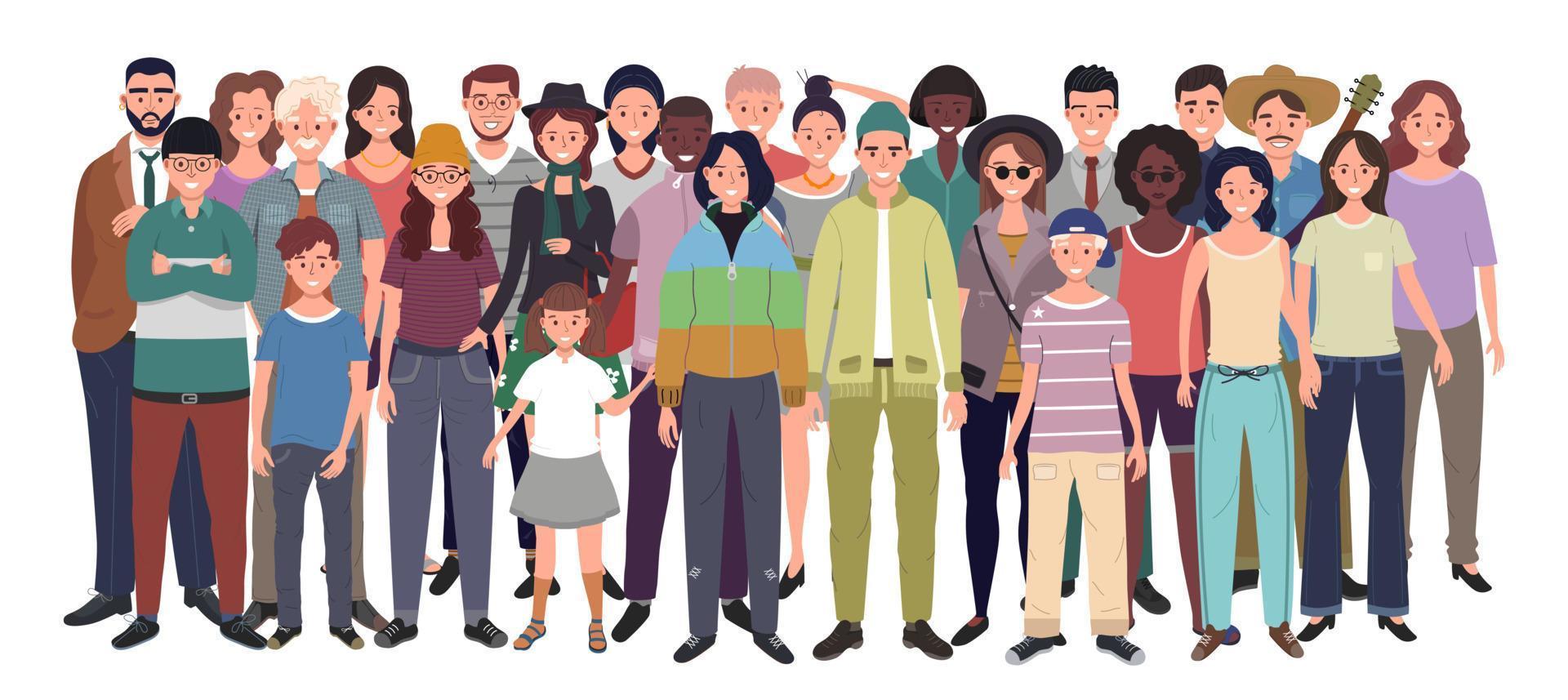 Multinational group of people isolated on white background. Children, adults and teenagers stand together. Vector illustration