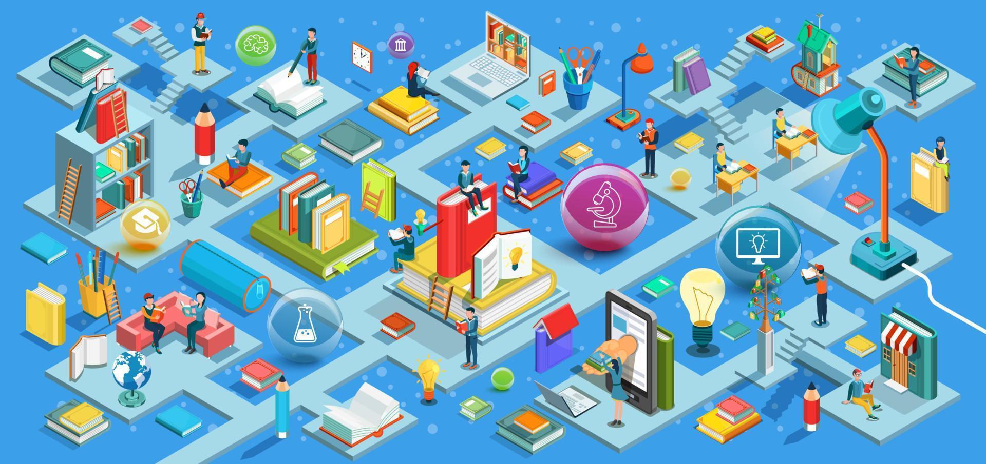 Education Isometric flat design. The concept of learning and reading books in the library and in the classroom. University studies. Vector illustration