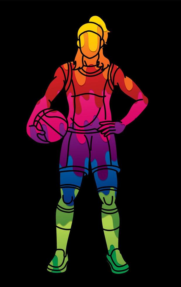 baloncesto deporte hembra jugador en pie con pelota vector