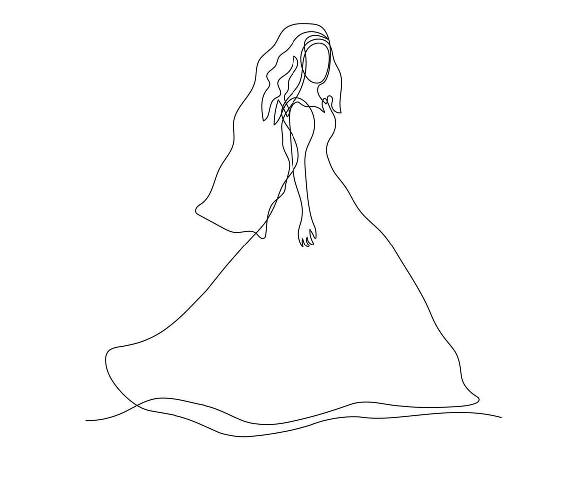 abstract bride, a girl without a face in a long dress with a veil Continuous One Line Drawing vector