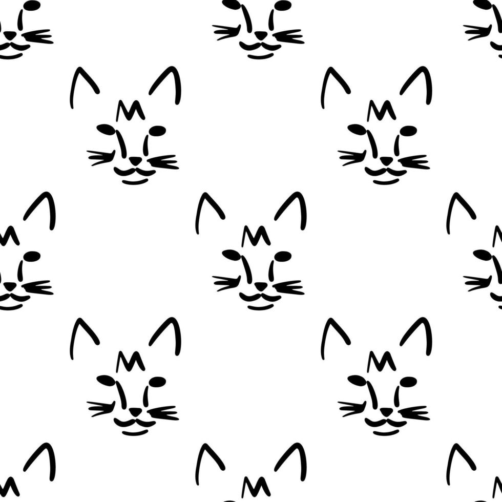 Seamless pattern with cat head illustration in minimalist outline style on white background vector