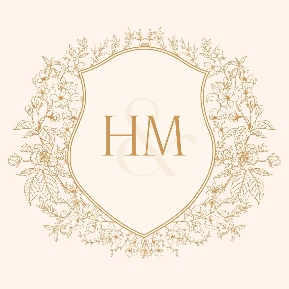 HM Initial Wedding Monogram Logo Crest, Wedding Logo Design, Custom Wreath, Crest Initial Wedding Logo vector