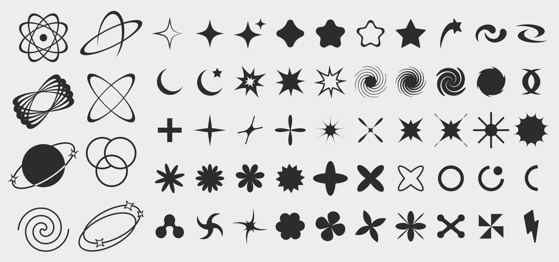 Set of brutalist abstract geometric shapes, bauhaus memphis geometric elements. Trendy minimalist basic figures, stars, lines, flowers, circles in black and white colors. vector