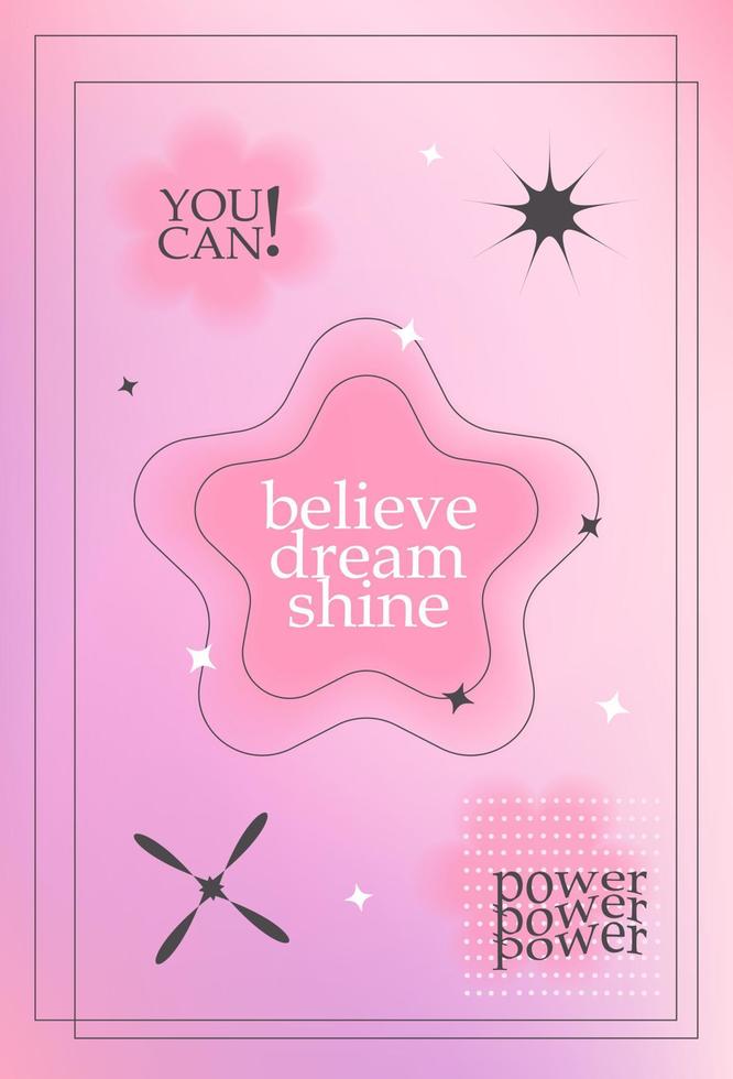 Y2k gradient unfocused poster, card with motivational phrase. Blurred gradient background with geometric shapes. vector