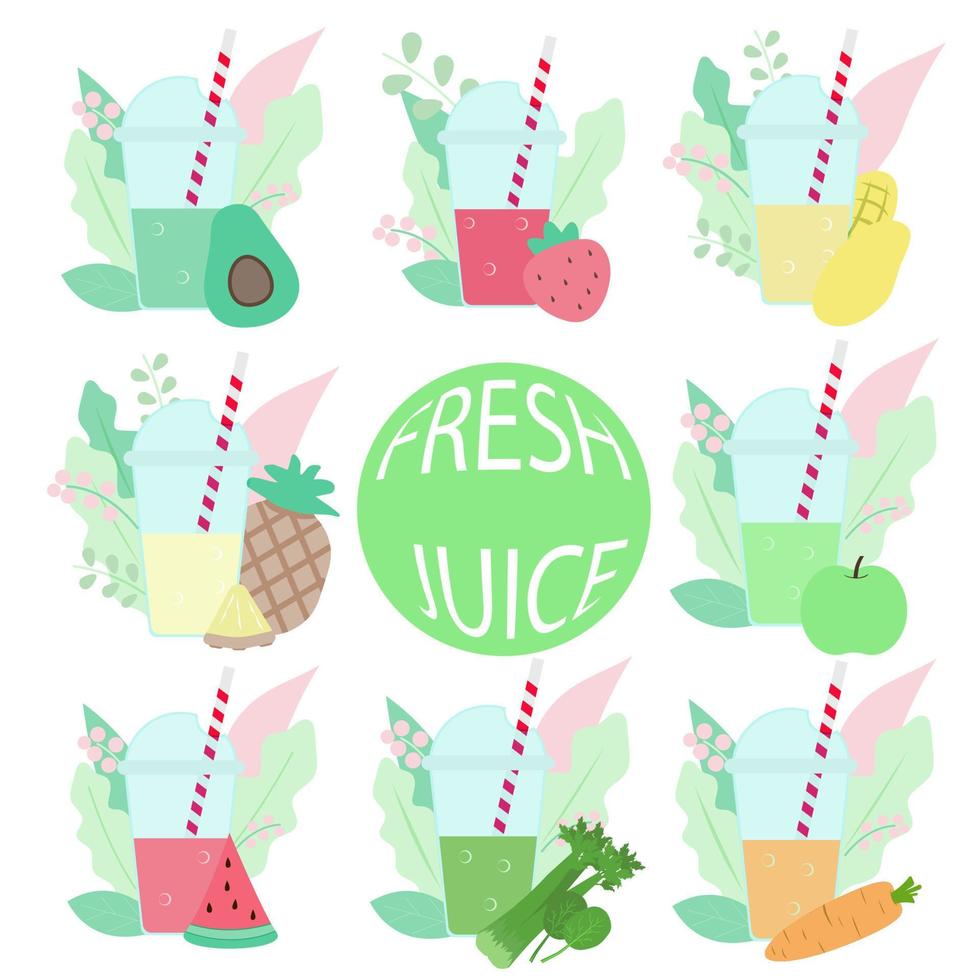 Fruta y vegetal batidos colocar. Fresco jugo en el plastico tazas para menú, cubrir, especial oferta y otro ideas de diseño. vector ilustración en plano estilo.