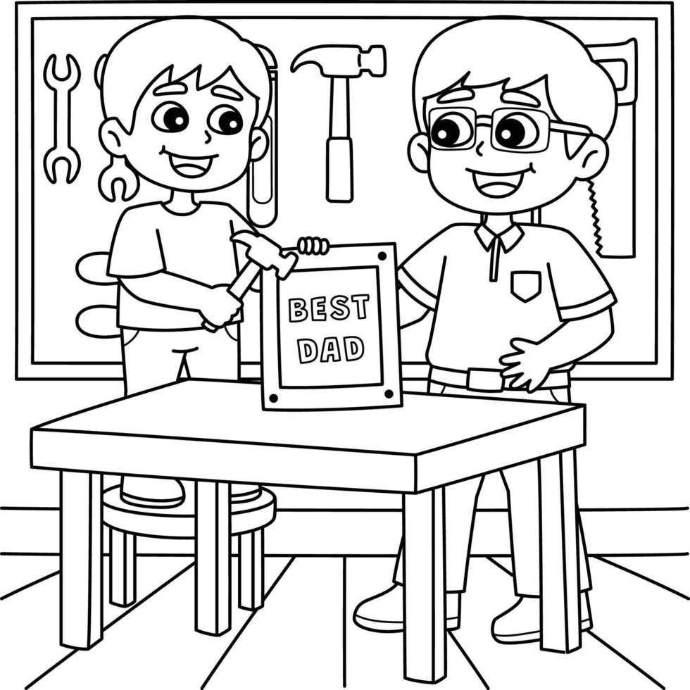 Father and Son doing Carpentry Coloring Page vector