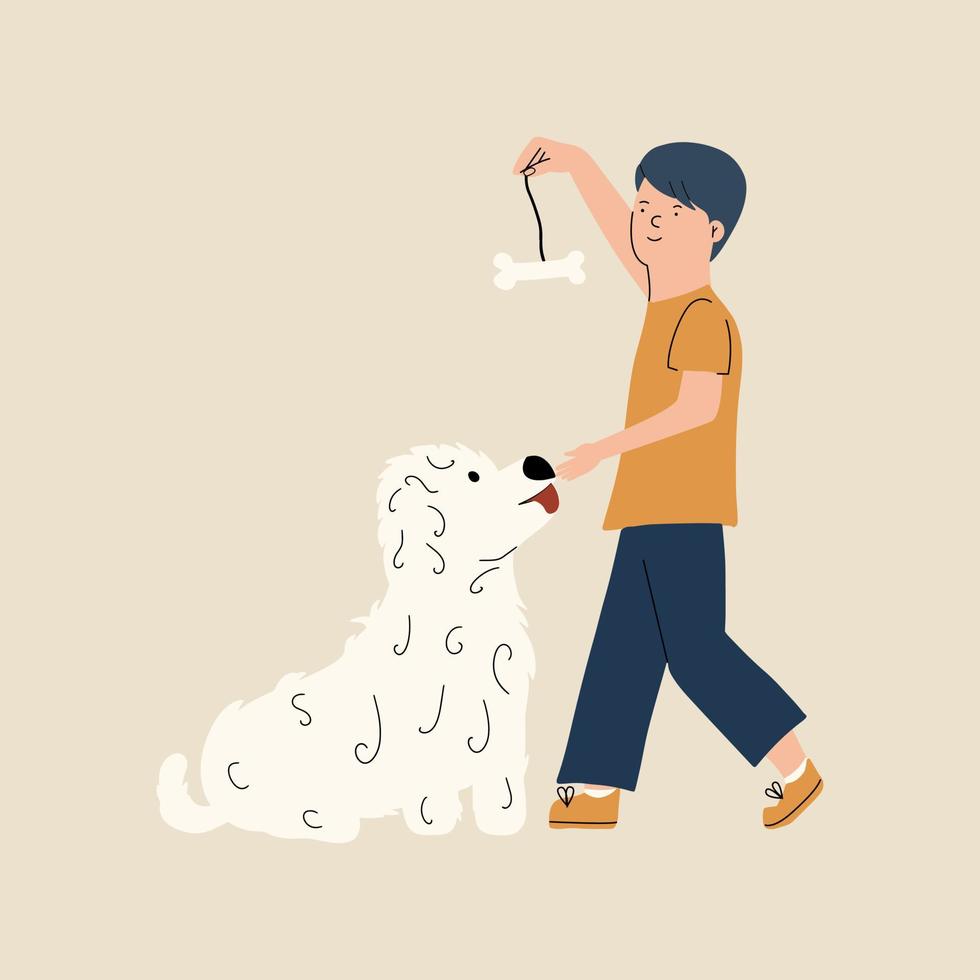 The boy is playing with his pet. Reyenok and his dog. Vector illustration in hand drawn style