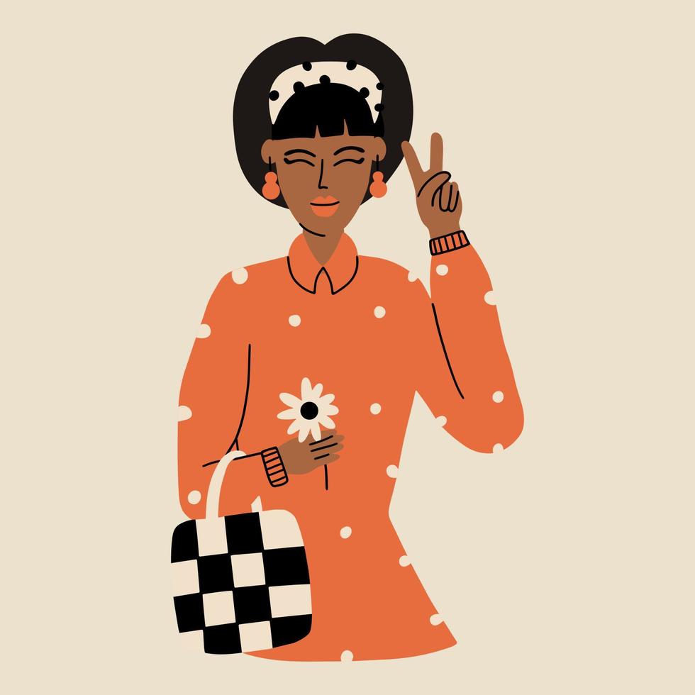 A young black girl is dressed in a 60s restaurant style with a camomile in her hand and shows a peace gesture. Vector illustration in hand drawn style