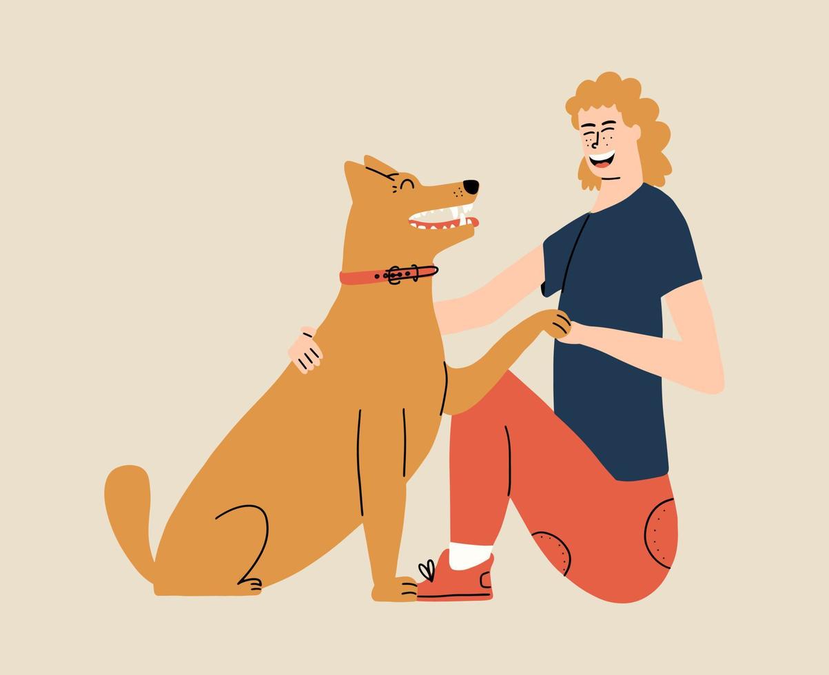 The girl and the dog are laughing. The concept of emotional support by animals. A woman holds her pet by the paw. Vector illustration in hand drawn style