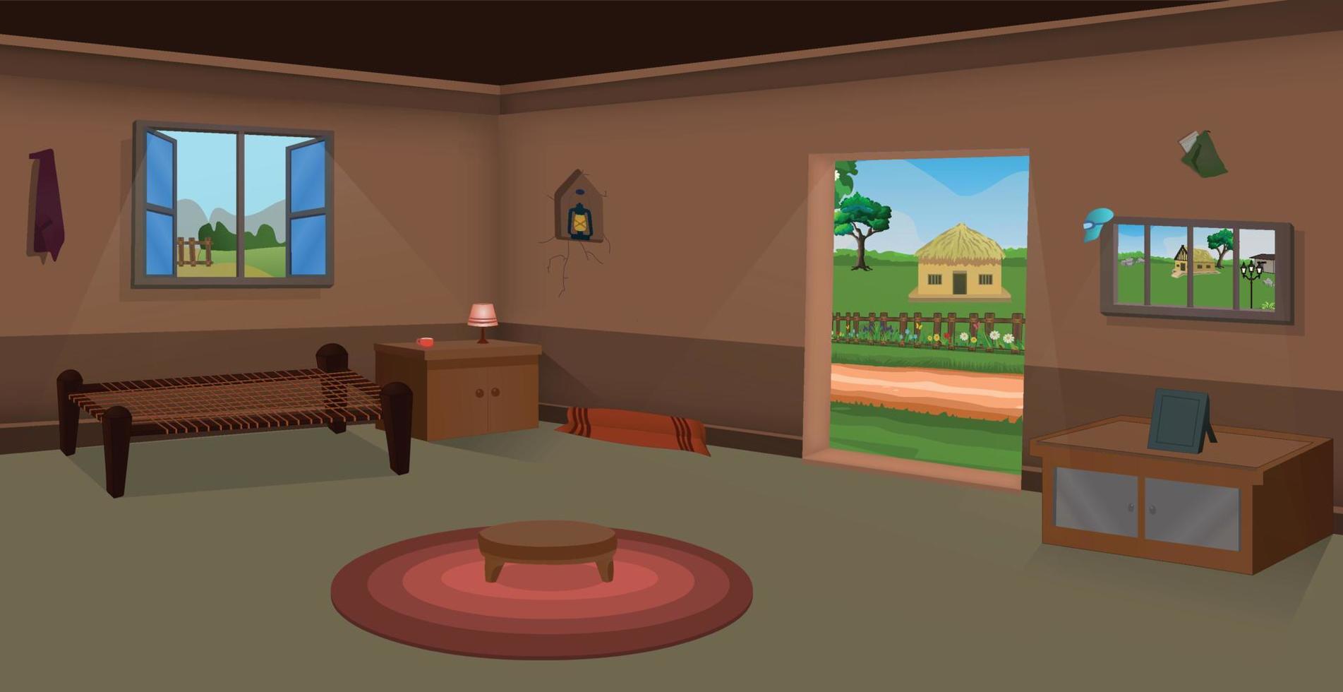 Village room inside vector, poor mud house room interior cartoon background illustrations. vector