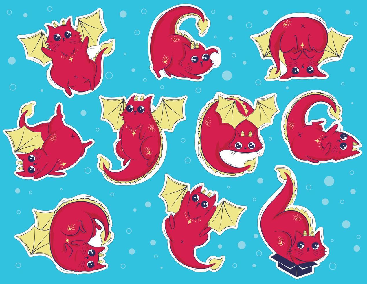 alegre rojo gato dragón paquete de pegatinas vector