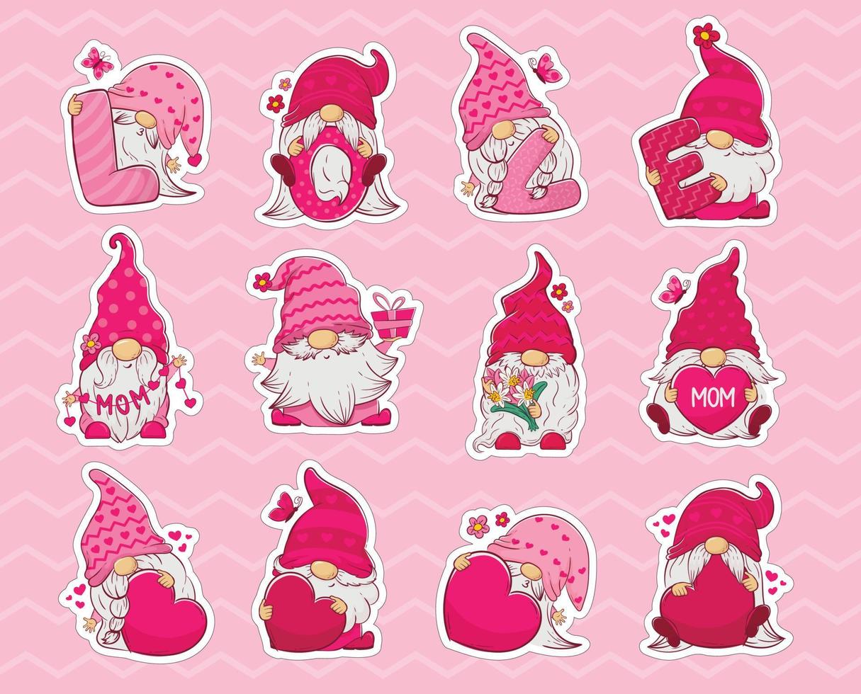 Sticker pack with adorable cheerful gnomes in pink clothes with hearts, gifts and flowers for Mother's Day and Valentine's Day vector