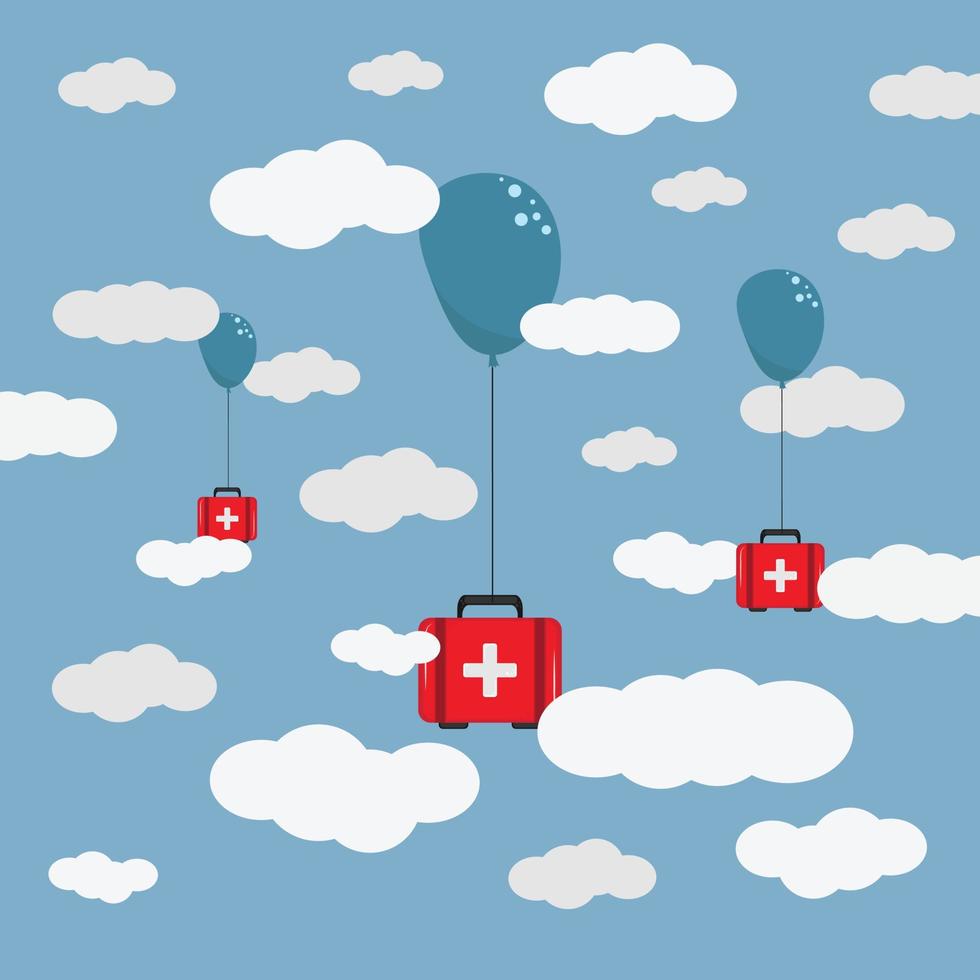 humanitarian aid. medical cargo goes down to hard-to-reach places with a balloons. flat illustration vector