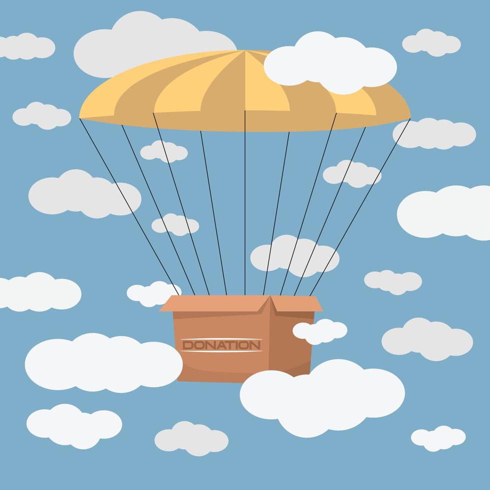 Donate cardboard box with sign donation fly with parachute in the sky. Falt illustration vector