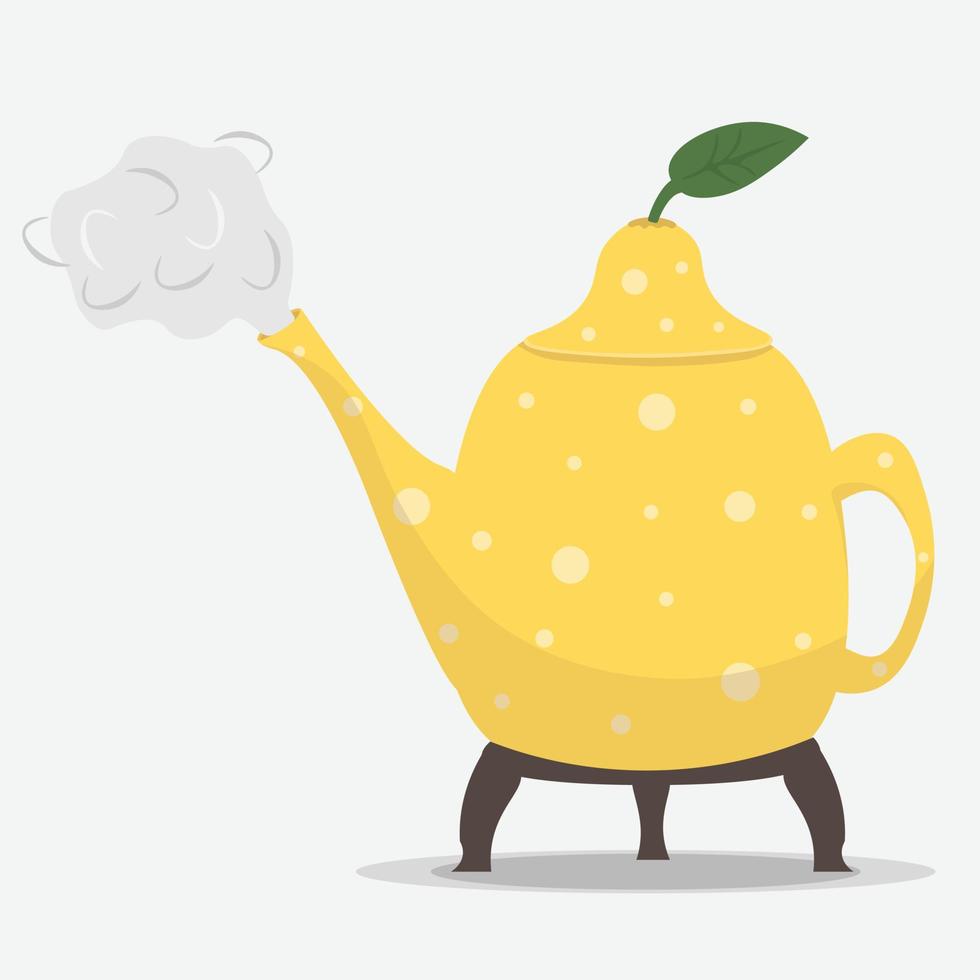Ceramic teapot in the form of a large lemon. Kettle for tea in form citrus. With smoke. Flat illustration vector