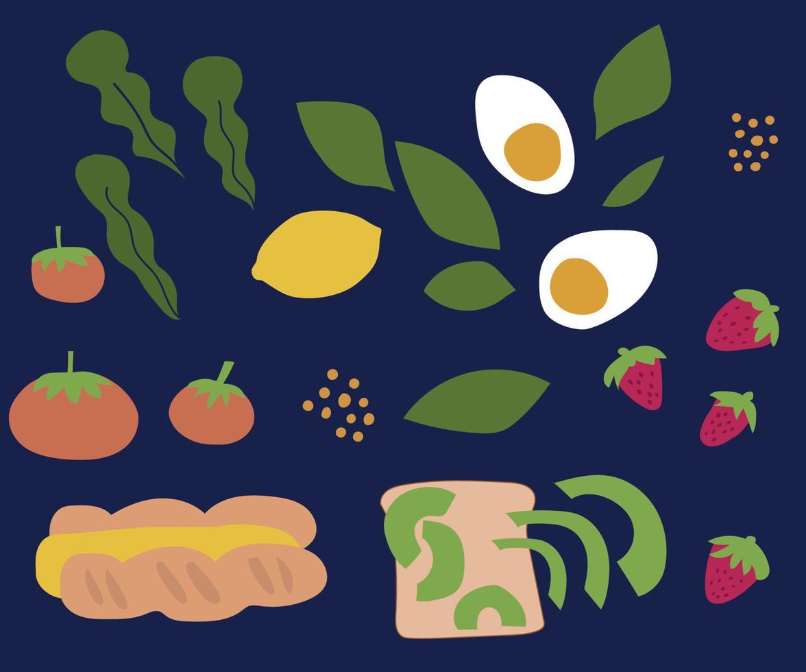 conjunto de desayuno ilustración con huevos, Tomates, fresas y aguacate vector