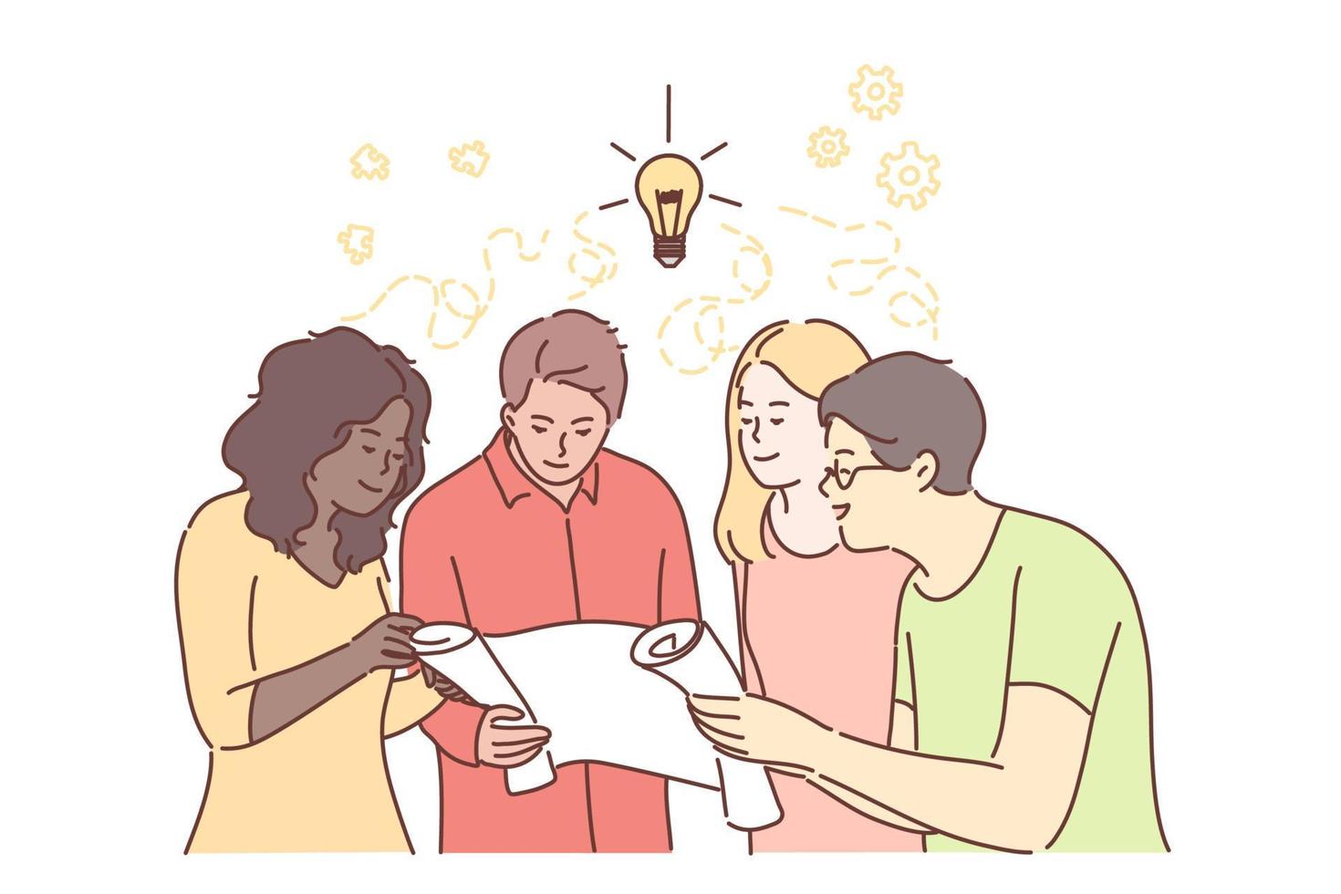 Teamwork, idea, brainstorming, coworking, business, analysis, meeting, discussion concept vector