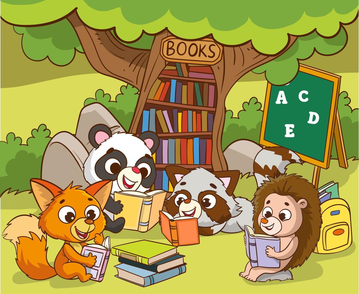 linda animales leyendo debajo el árbol dibujos animados vector