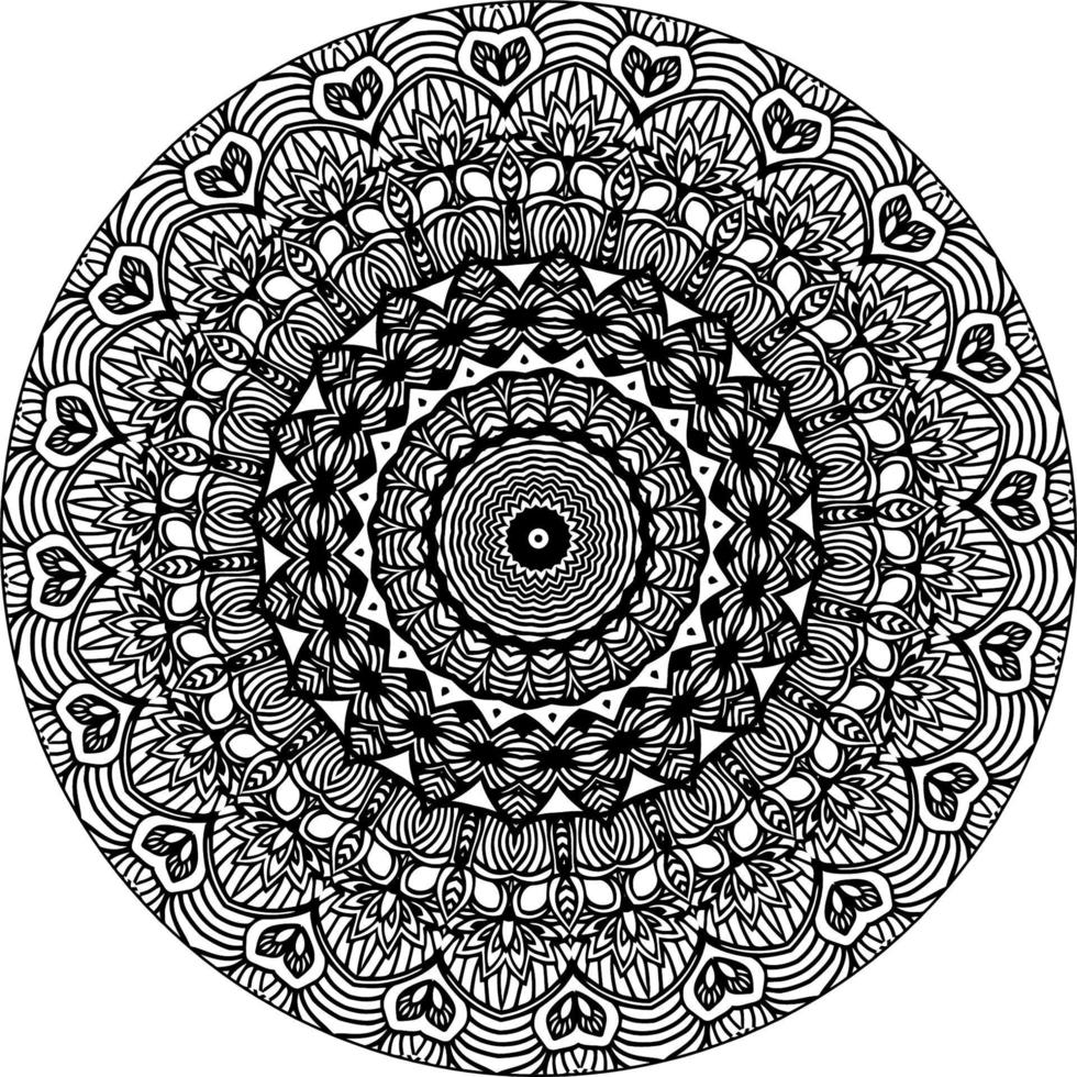 Simple doodle mandala with floral and heart patterns on a white isolated background. For coloring book pages. vector