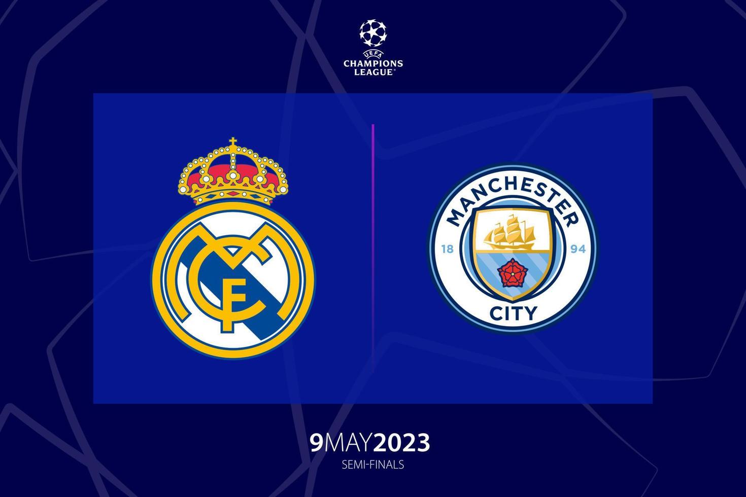 UEFA Champions League 2023 semi-final between Real Madrid versus Manchester City, game one. Tbilisi, Georgia - April 20, 2023. vector