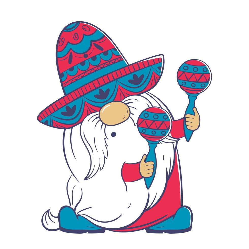 Mexican gnome in a traditional hat plays maracas vector